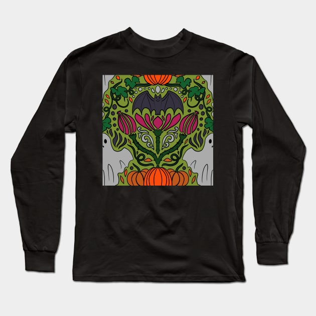 Spooky Halloween Damask Print with Bats, Pumpkins,Ghosts and Thistle on Moss Green Long Sleeve T-Shirt by JamieWetzel